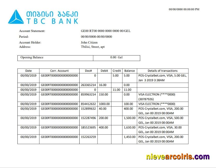 Georgia TBC bank proof of address statement in Word and PDF format